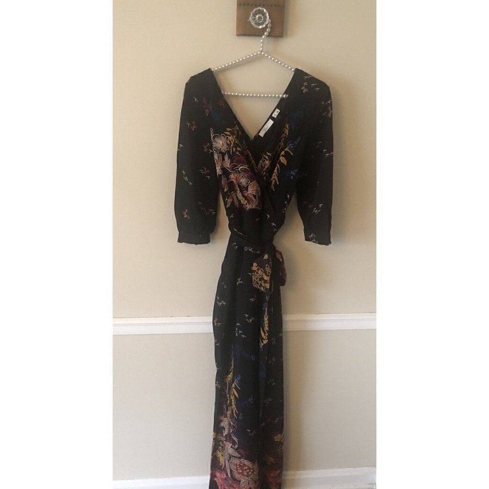 Anthropologie Feather Bone Size 0 Nara Floral Black Jumpsuit Pockets 3/4 Sleeve